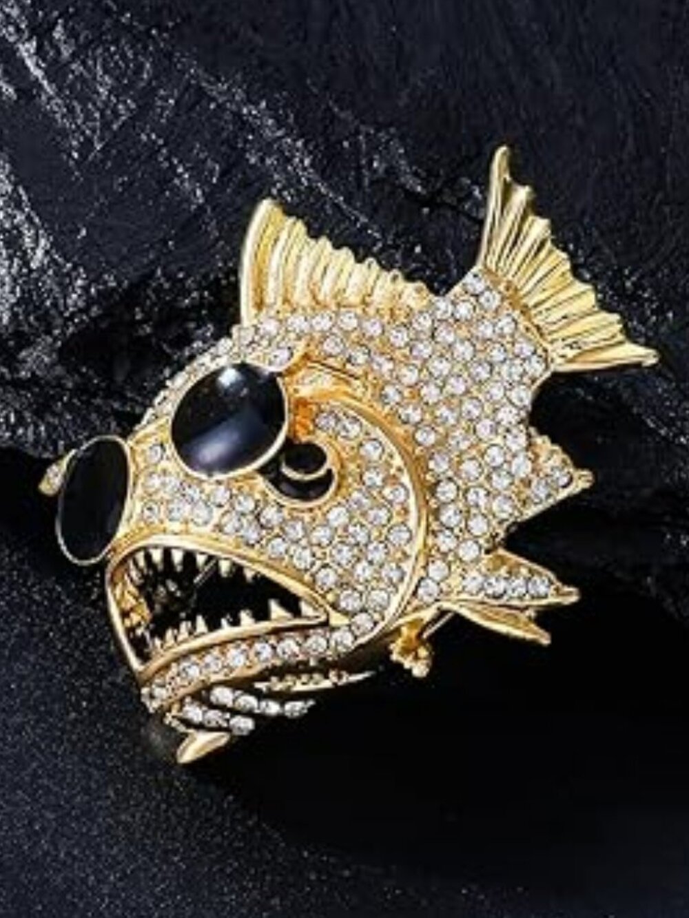Piranha Fish Brooch with Sunglasses Pin Gold Tone Cubic Zirconia Rhinestones